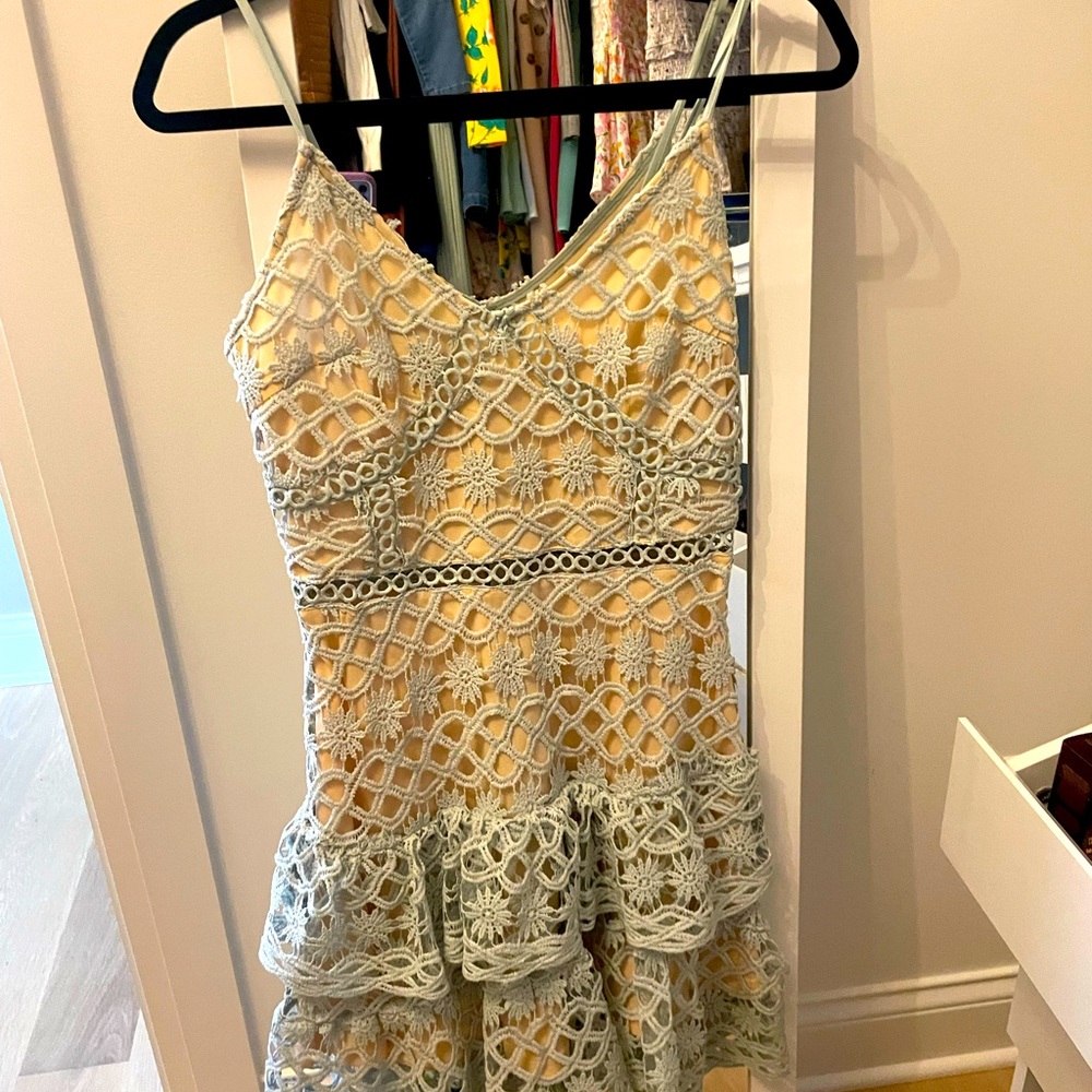 Parisian dress size 4, teal and beige